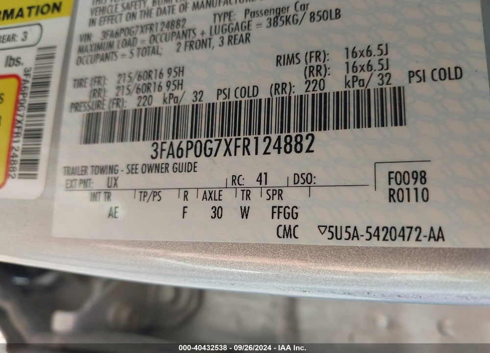 2015 FORD FUSION S VIN: 3FA6P0G7XFR124882