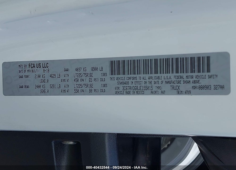 2018 RAM PROMASTER 2500 HIGH ROOF 159 WB VIN: 3C6TRVDG8JE155015