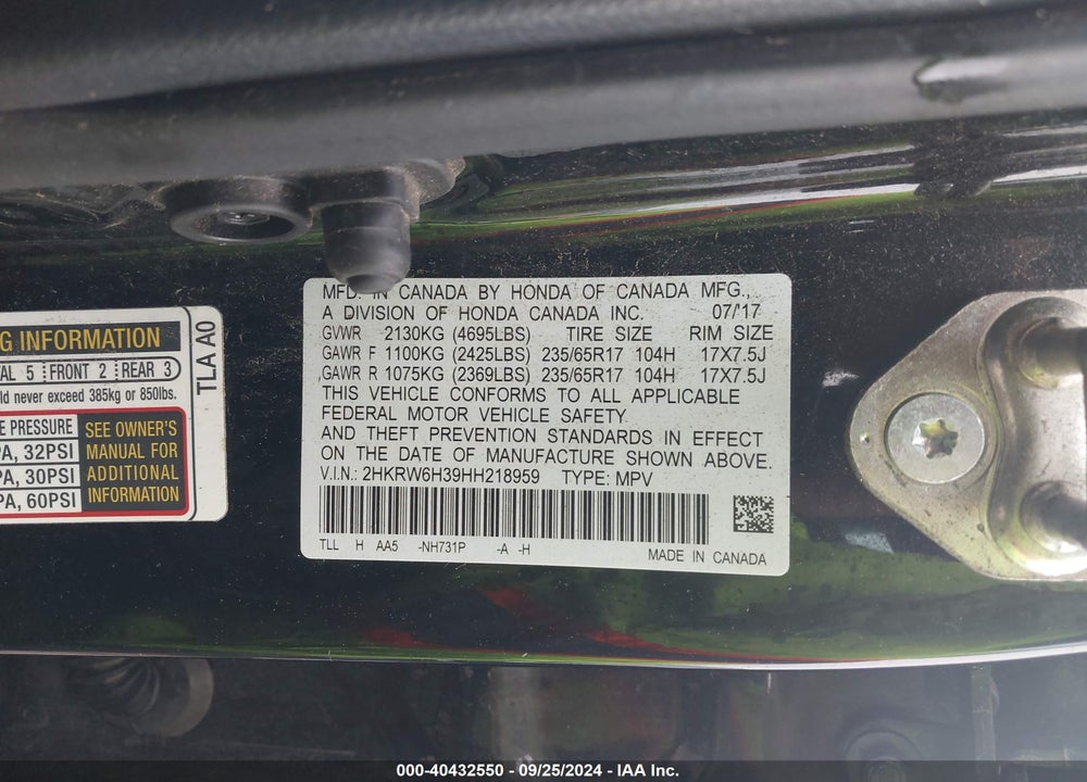2017 HONDA CR-V LX VIN: 2HKRW6H39HH218959