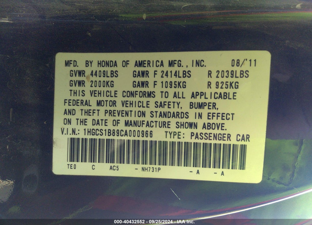 2012 HONDA ACCORD 2.4 EX-L VIN: 1HGCS1B89CA000966