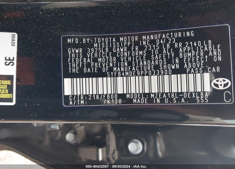 2023 TOYOTA COROLLA LE VIN: 5YFB4MDE9PP033900