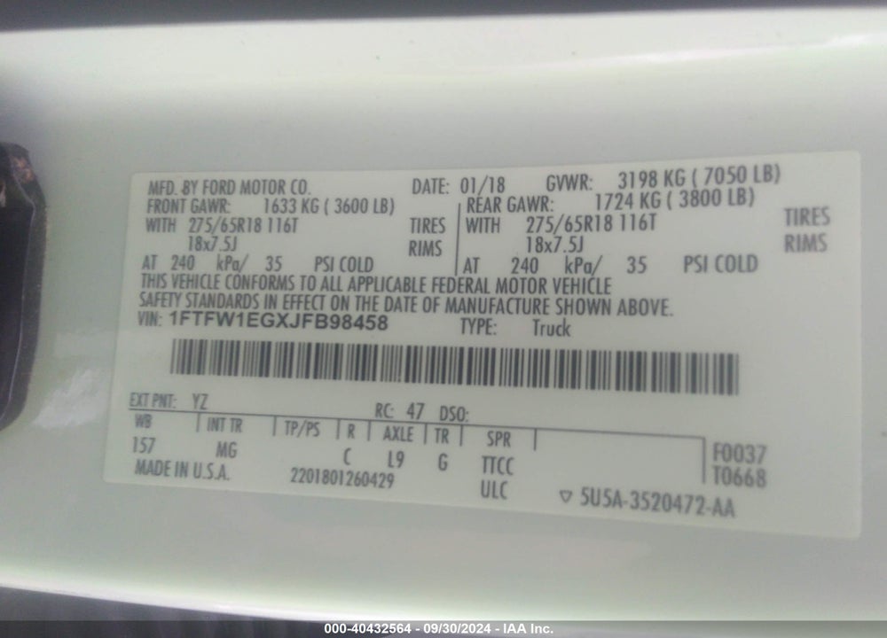 2018 FORD F-150 XLT VIN: 1FTFW1EGXJFB98458