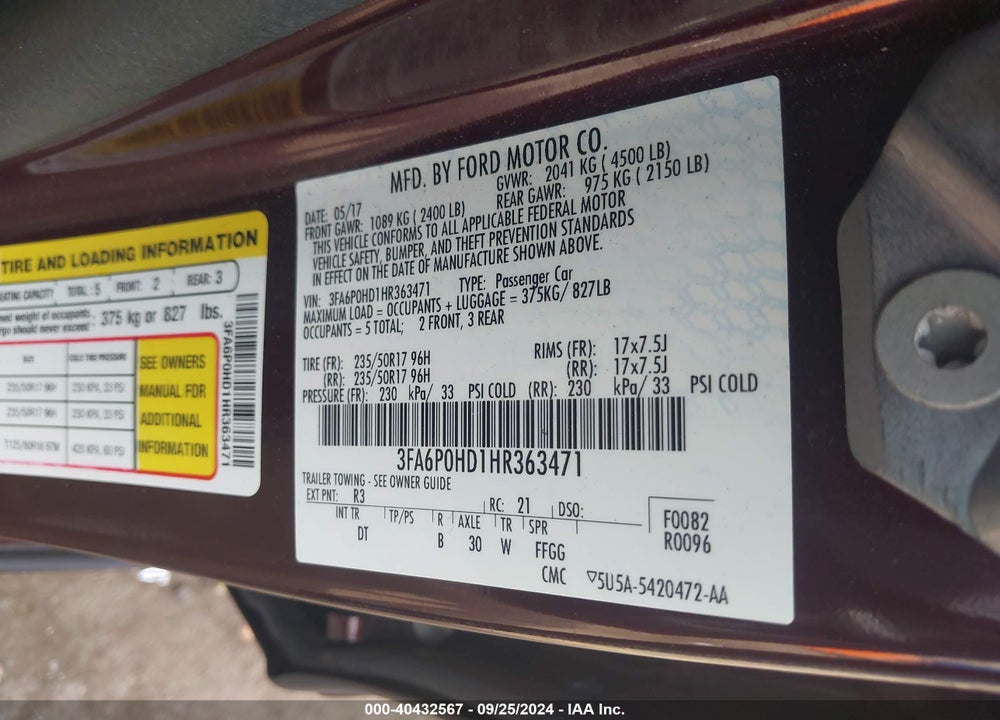 2017 FORD FUSION SE VIN: 3FA6P0HD1HR363471