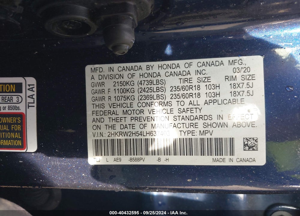 2020 HONDA CR-V AWD EX VIN: 2HKRW2H54LH637403