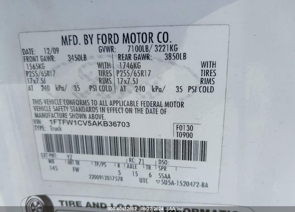 2010 HARLEY-DAVIDSON FORD F-150 FX2 SPORT//KING RANCH/LARIAT/PLATINUM/XL/XLT VIN: 1FTFW1CV5AKB36703