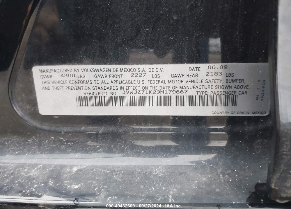 2009 VOLKSWAGEN JETTA S VIN: 3VWJZ71K29M179667
