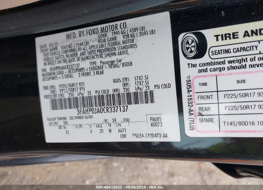 2012 FORD FUSION SEL VIN: 3FAHP0JA0CR337137