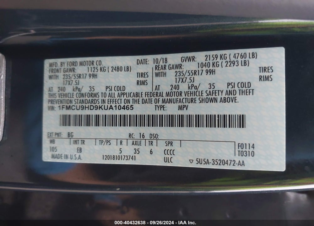 2019 FORD ESCAPE SEL VIN: 1FMCU9HD9KUA10465