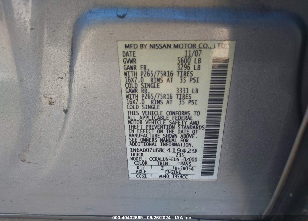 2008 NISSAN FRONTIER NISMO OFF ROAD VIN: 1N6AD07U68C419429