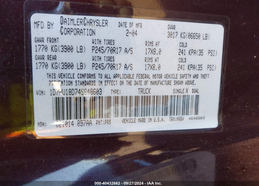 2004 DODGE RAM 1500 SLT/LARAMIE VIN: 1D7HU18D74S648603
