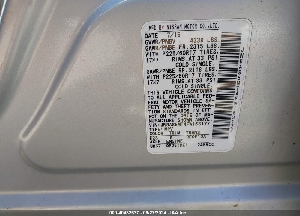 2015 NISSAN ROGUE SELECT S VIN: JN8AS5MT4FW163177