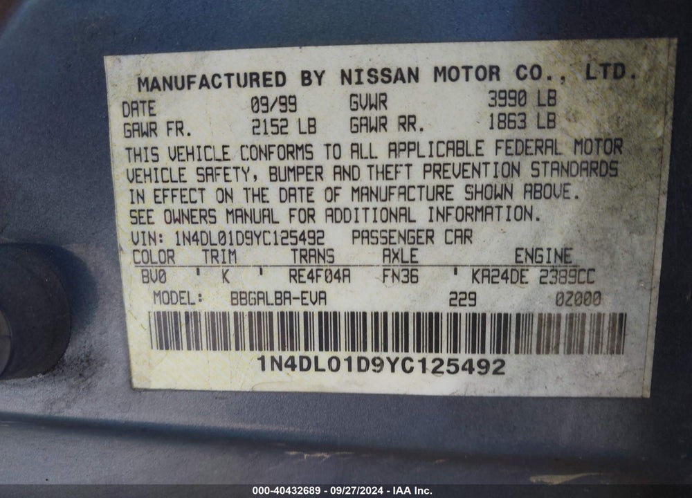 2000 NISSAN ALTIMA GLE/GXE/SE/XE VIN: 1N4DL01D9YC125492