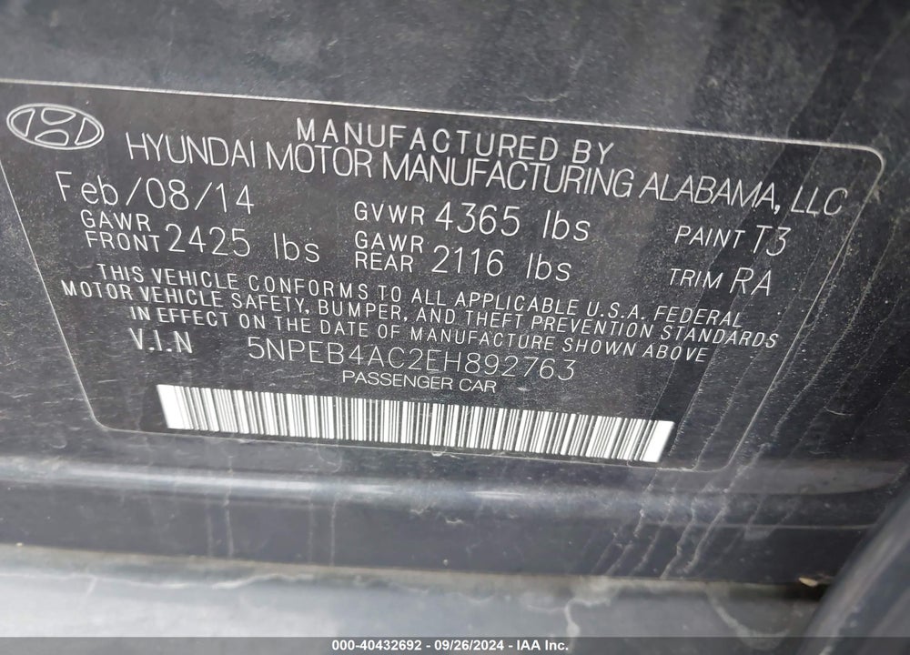 2014 HYUNDAI SONATA GLS VIN: 5NPEB4AC2EH892763