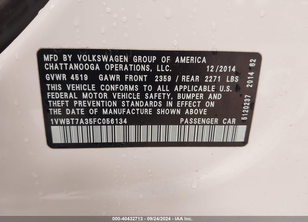 2015 VOLKSWAGEN PASSAT VIN: 1VWBT7A35FC056134