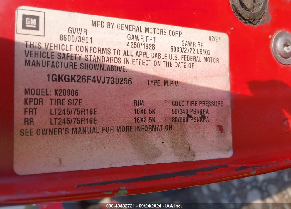 1997 GMC SUBURBAN 2500 SL VIN: 1GKGK26F4VJ730256