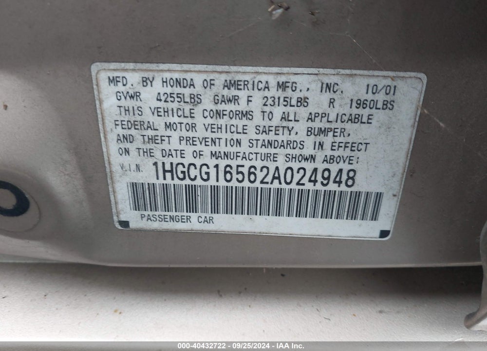 2002 HONDA ACCORD 3.0 EX VIN: 1HGCG16562A024948