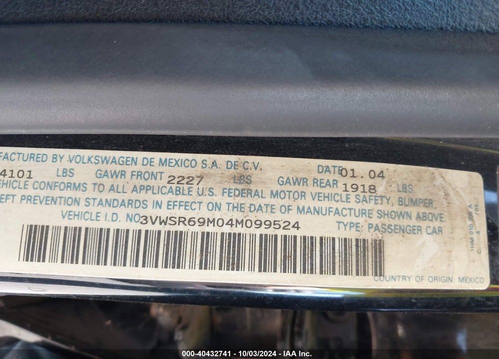 2004 VOLKSWAGEN JETTA GLS TDI VIN: 3VWSR69M04M099524