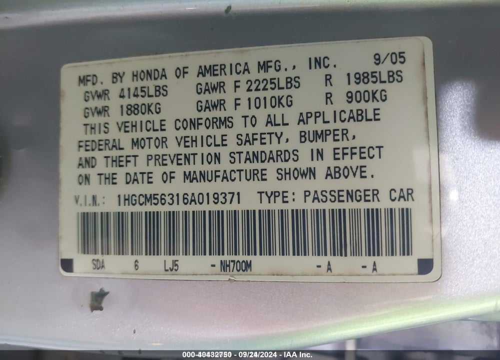 2006 HONDA ACCORD 2.4 SE VIN: 1HGCM56316A019371