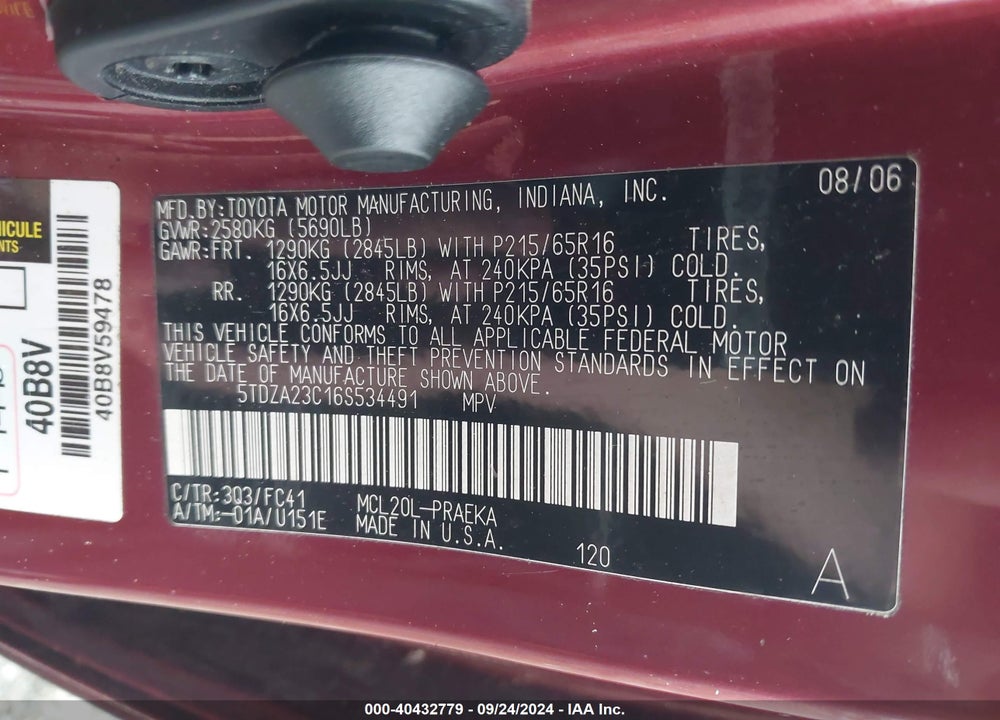 2006 TOYOTA SIENNA LE VIN: 5TDZA23C16S534491
