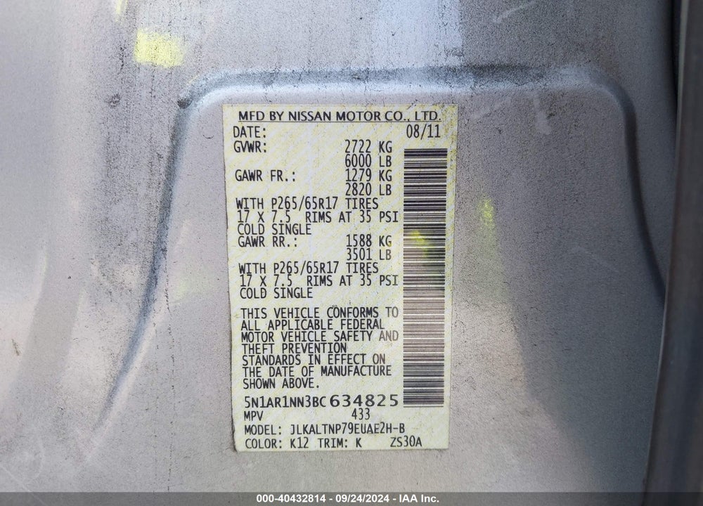 2011 NISSAN PATHFINDER SILVER VIN: 5N1AR1NN3BC634825