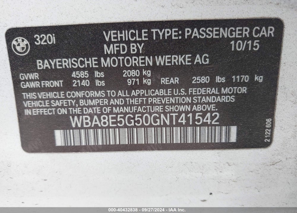 2016 BMW 320I XDRIVE VIN: WBA8E5G50GNT41542