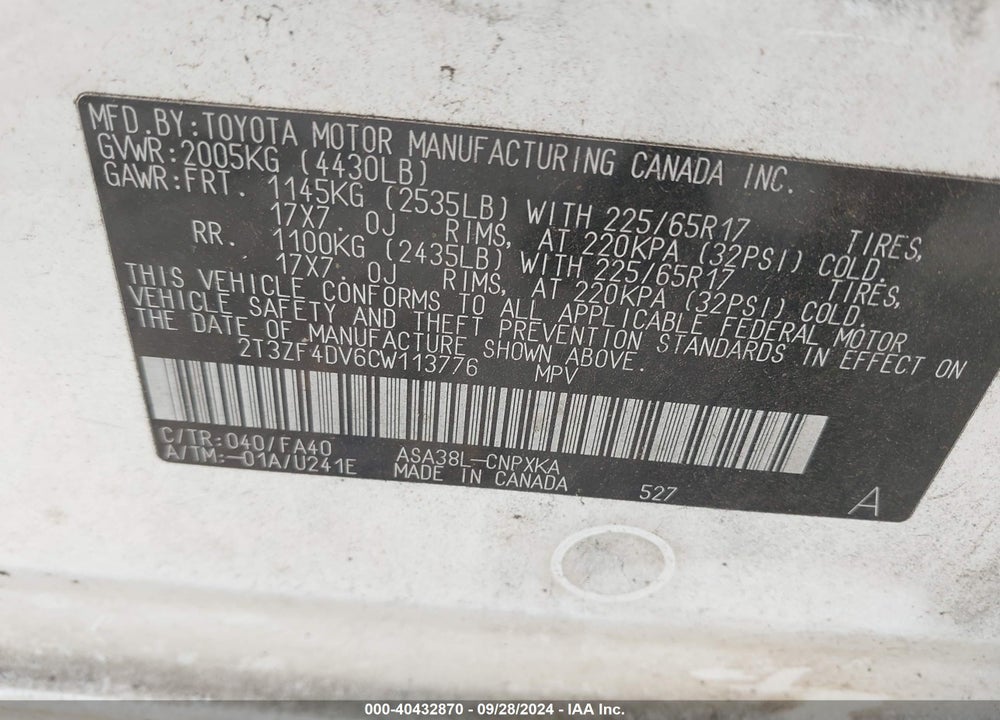 2012 TOYOTA RAV4 VIN: 2T3ZF4DV6CW113776