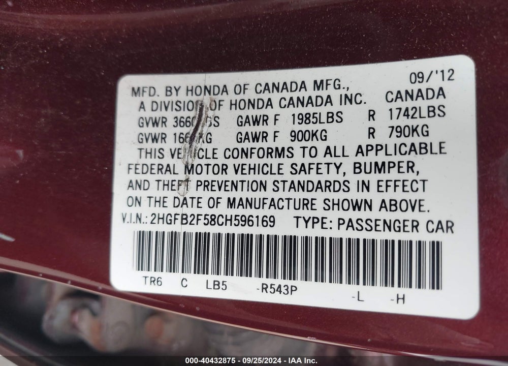 2012 HONDA CIVIC LX VIN: 2HGFB2F58CH596169