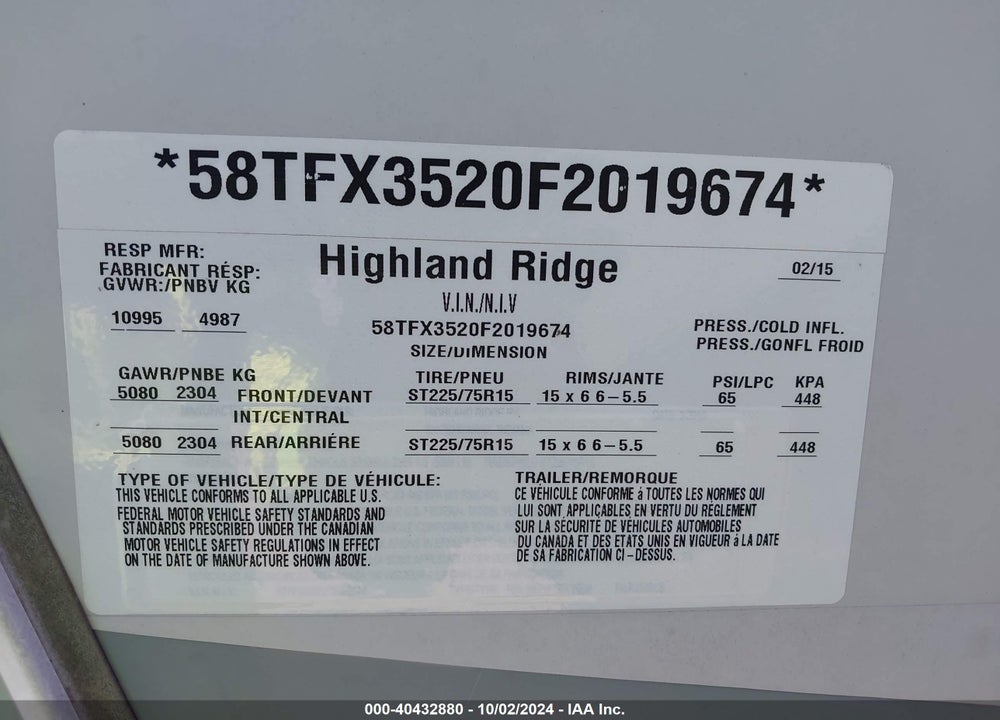 2015 HIGH LIGHT VIN: 58TFX3520F2019674