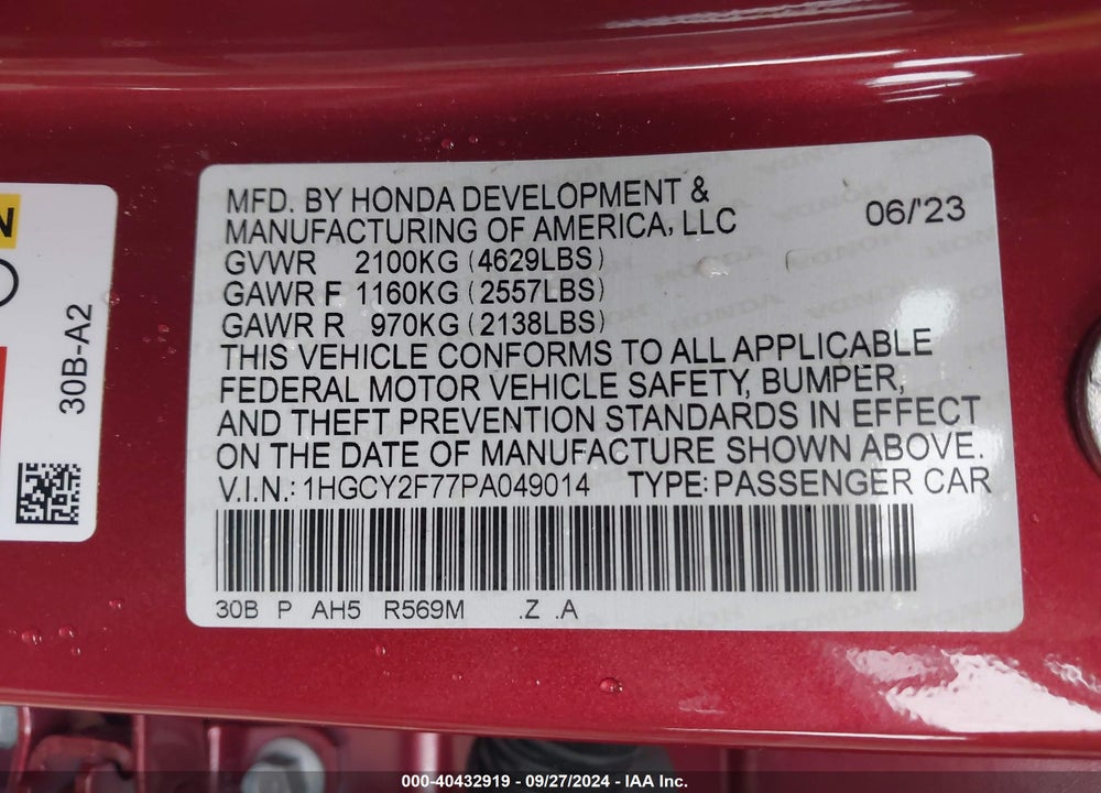 2023 HONDA ACCORD HYBRID SPORT-L VIN: 1HGCY2F77PA049014