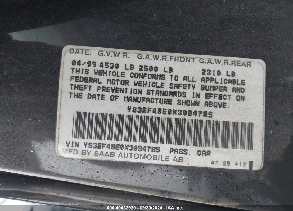 1999 SAAB 9-5 SE VIN: YS3EF48E0X3084785