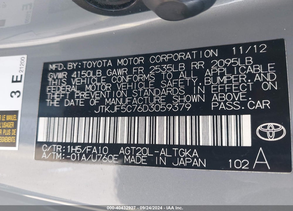 2013 SCION TC VIN: JTKJF5C76D3059379