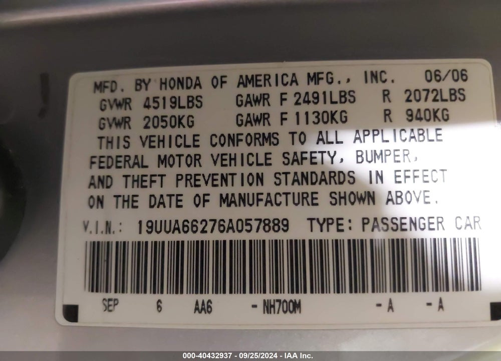 2006 ACURA TL VIN: 19UUA66276A057889