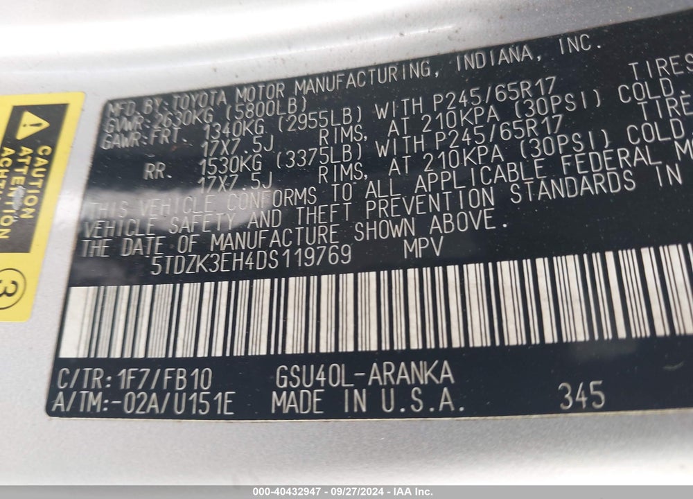 2013 TOYOTA HIGHLANDER BASE V6 VIN: 5TDZK3EH4DS119769
