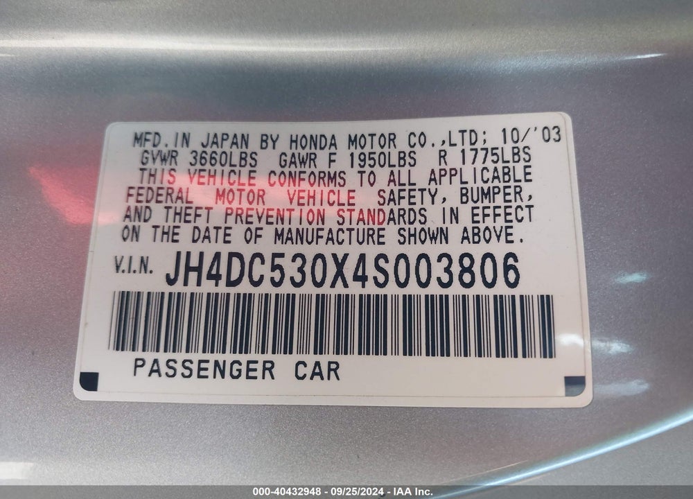 2004 ACURA RSX TYPE-S VIN: JH4DC530X4S003806