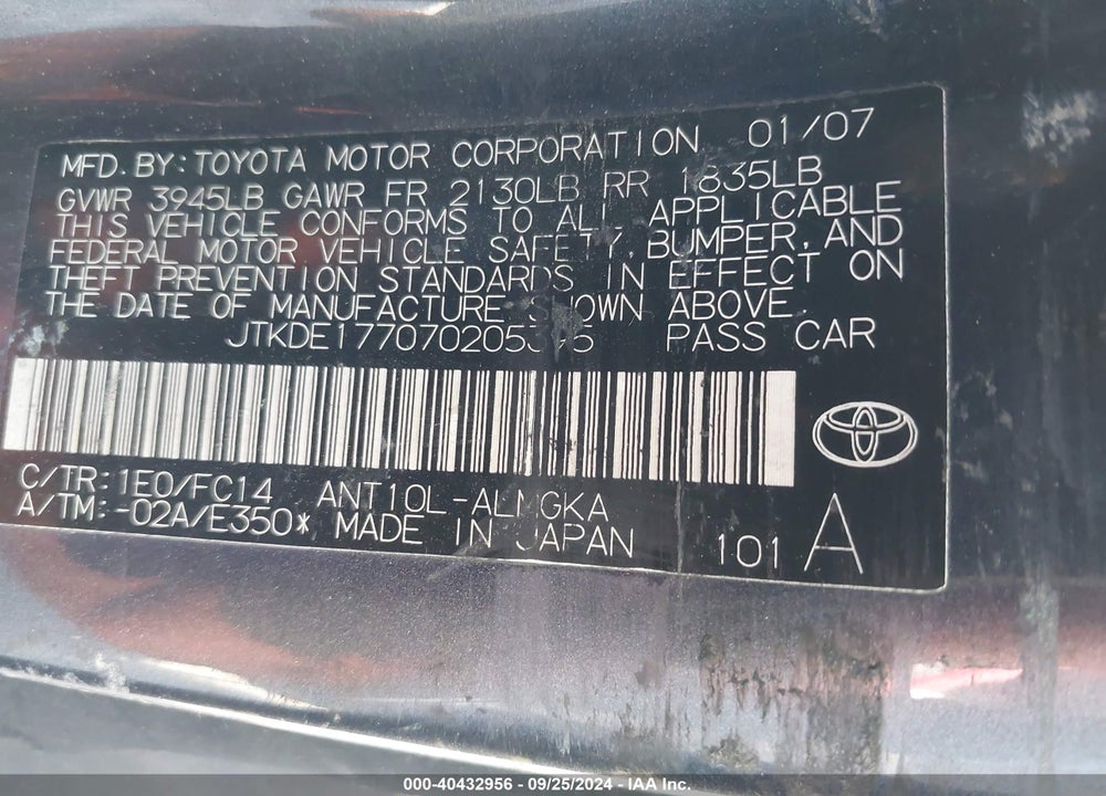 2007 SCION TC VIN: JTKDE177070205395