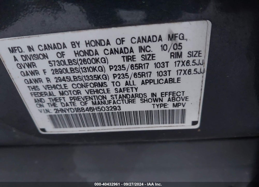 2006 ACURA MDX VIN: 2HNYD18846H503293