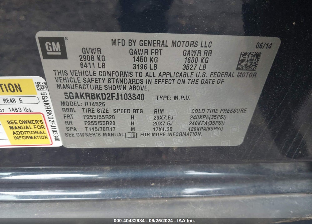 2015 BUICK ENCLAVE LEATHER VIN: 5GAKRBKD2FJ103340