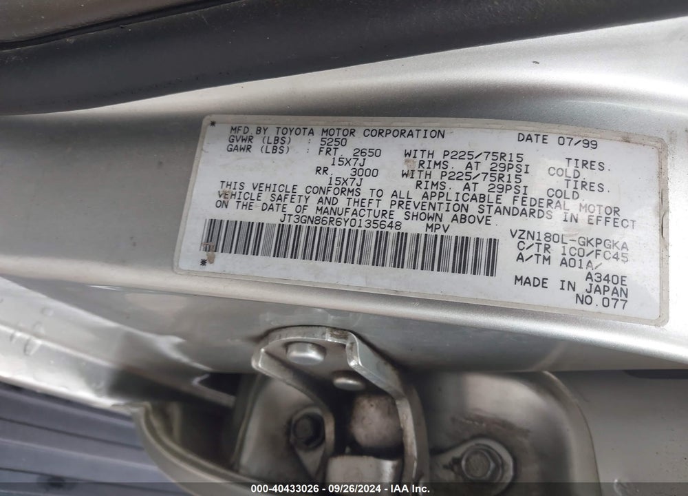 2000 TOYOTA 4RUNNER SR5 V6 VIN: JT3GN86R6Y0135648