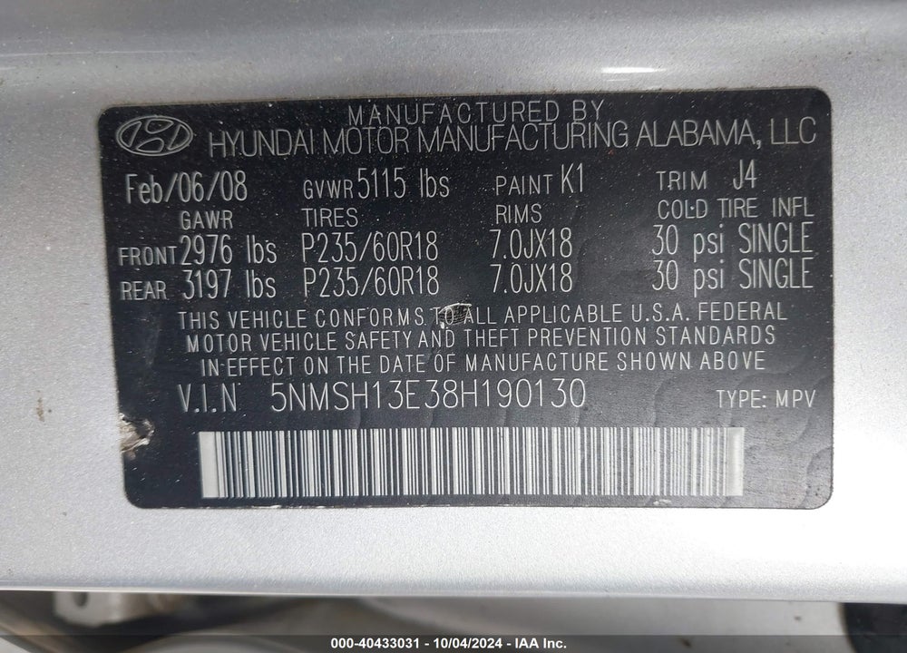 2008 HYUNDAI SANTA FE LIMITED/SE VIN: 5NMSH13E38H190130