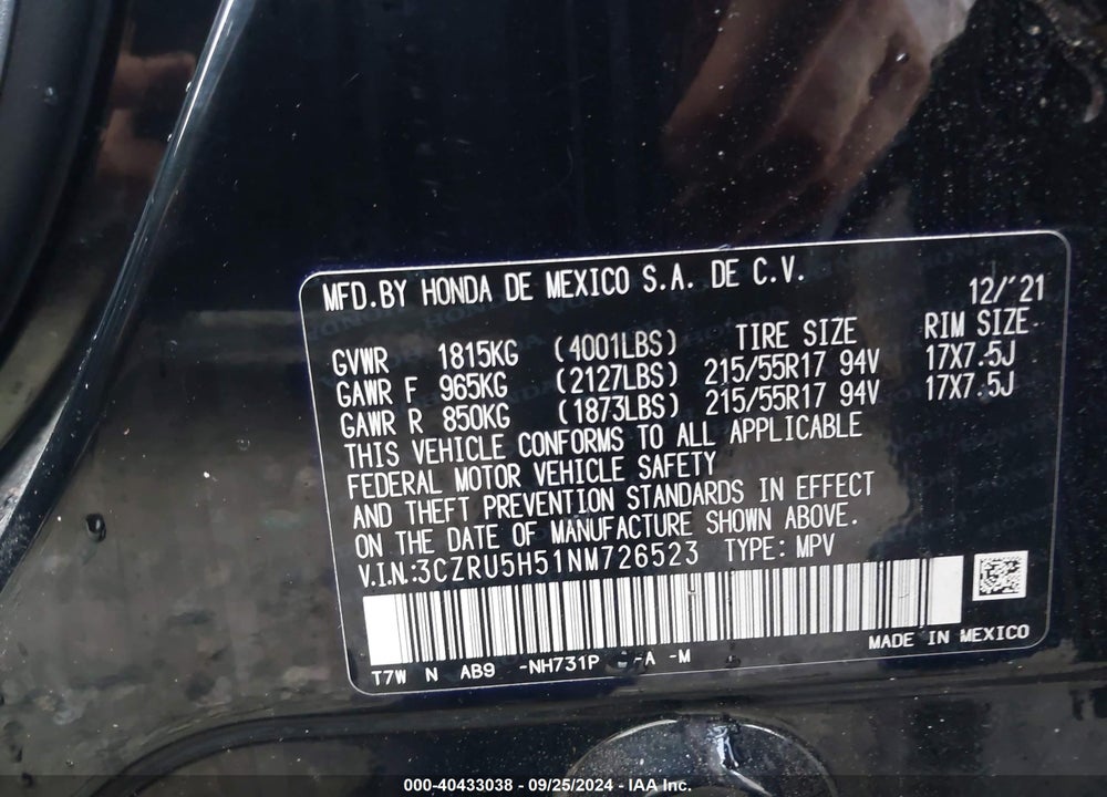 2022 HONDA HR-V 2WD EX VIN: 3CZRU5H51NM726523