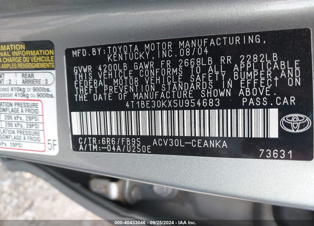 2005 TOYOTA CAMRY LE VIN: 4T1BE30KX5U954683