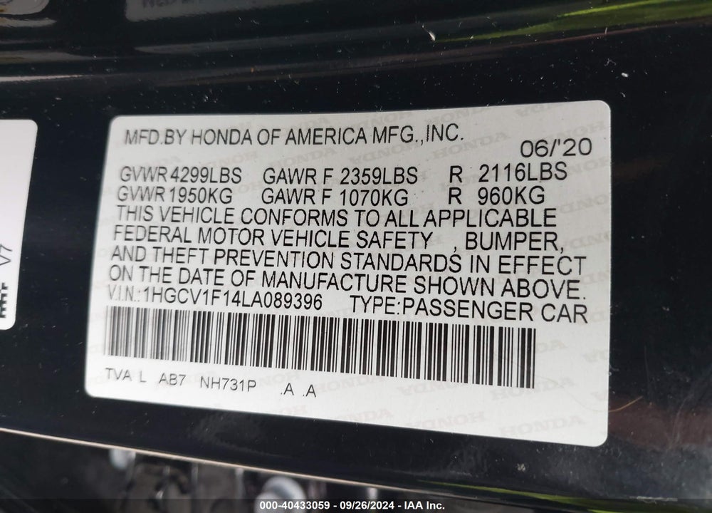 2020 HONDA ACCORD LX VIN: 1HGCV1F14LA089396