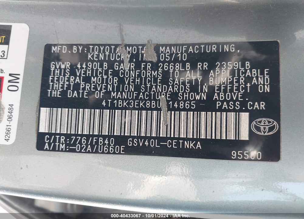 2011 TOYOTA CAMRY LE V6 VIN: 4T1BK3EK8BU614865