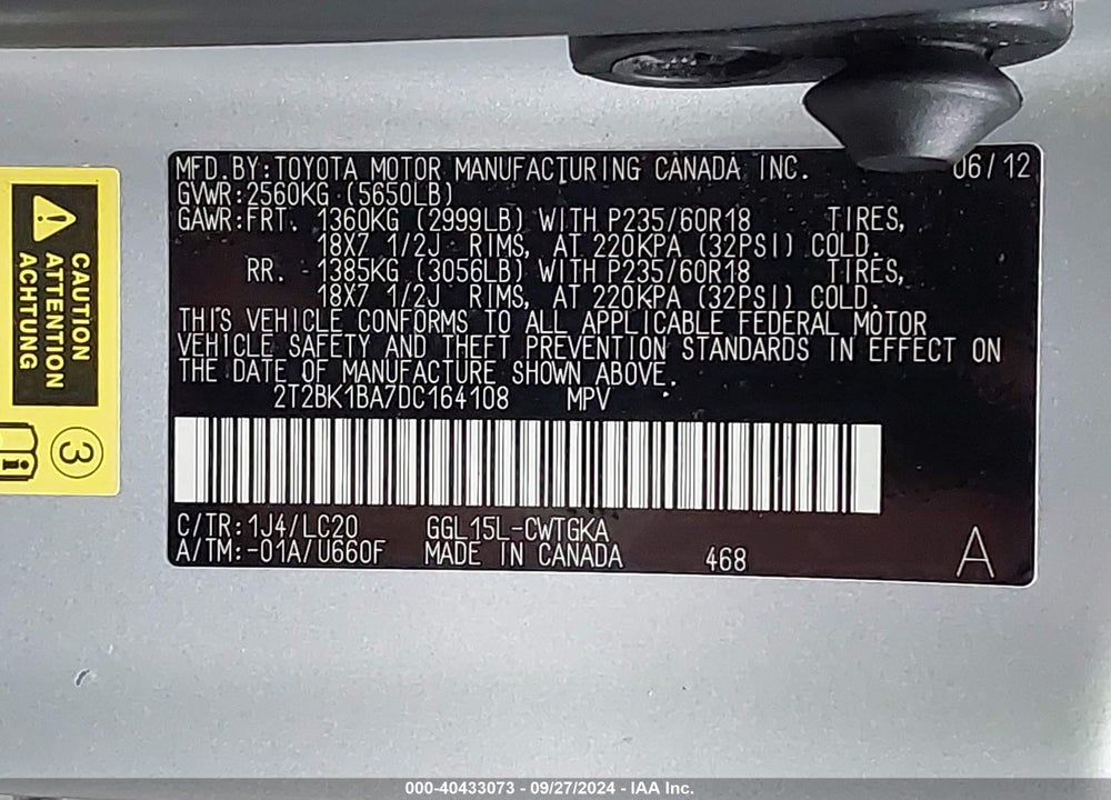 2013 LEXUS RX 350 VIN: 2T2BK1BA7DC164108