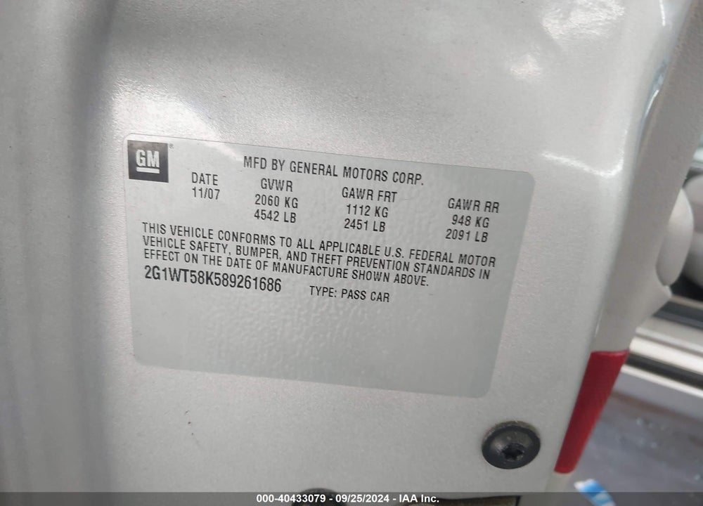 2008 CHEVROLET IMPALA LT VIN: 2G1WT58K589261686
