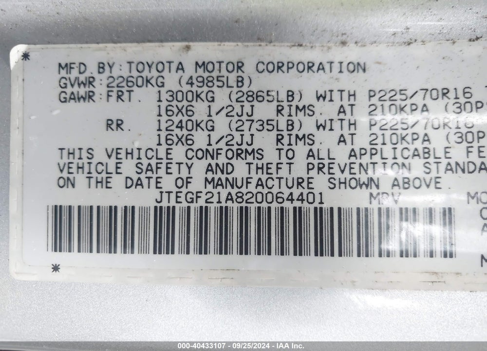 2002 TOYOTA HIGHLANDER V6 VIN: JTEGF21A820064401