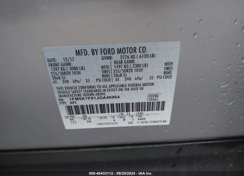 2018 FORD EXPLORER LIMITED VIN: 1FM5K7F81JGA46964