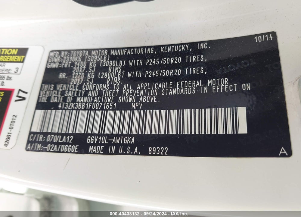2015 TOYOTA VENZA XLE V6 VIN: 4T3ZK3BB1FU071651