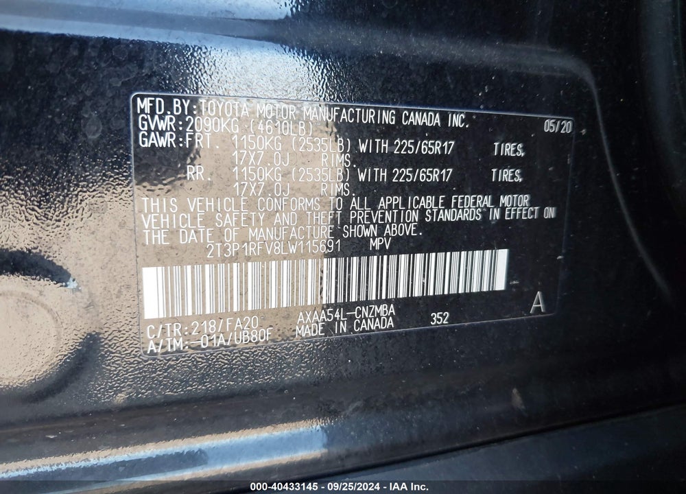 2020 TOYOTA RAV4 XLE VIN: 2T3P1RFV8LW115691