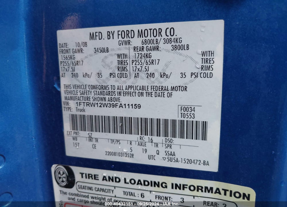 2009 FORD F-150 XL/XLT VIN: 1FTRW12W39FA11159